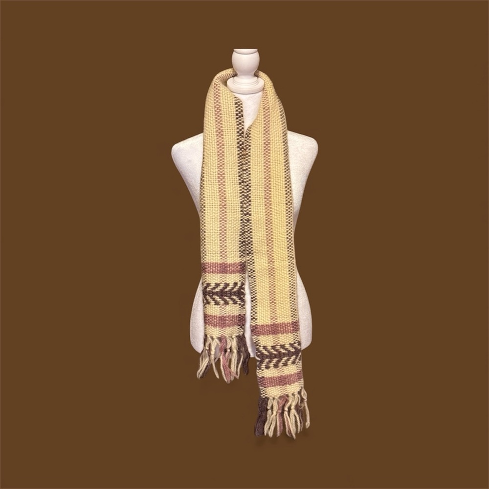 Wool  cream scarf with brown and mauve knitted in.